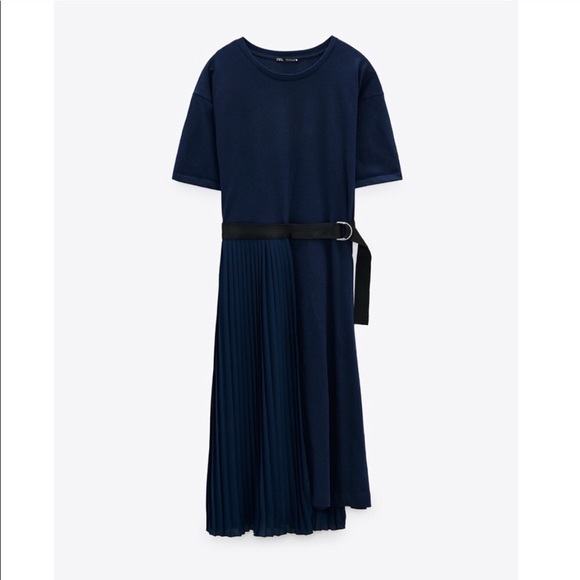 blue pleated dress zara Zara Women's Long Sleeve Pleated A-line Dress | M UK10-12